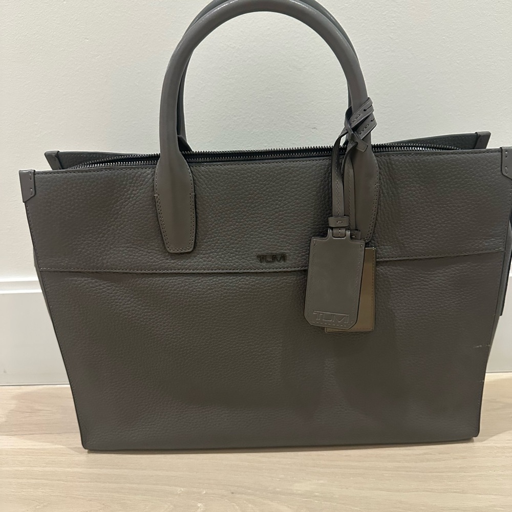 Tumi Gray Pebbled Leather Brief Tote with Luggage Tag